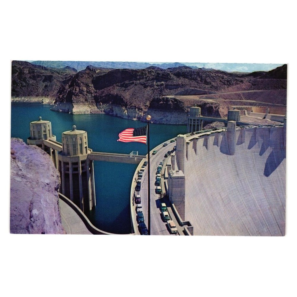 Vintage Postcard Highway 66 Hoover Dam Power Plant Roadway Arizona Nevada River